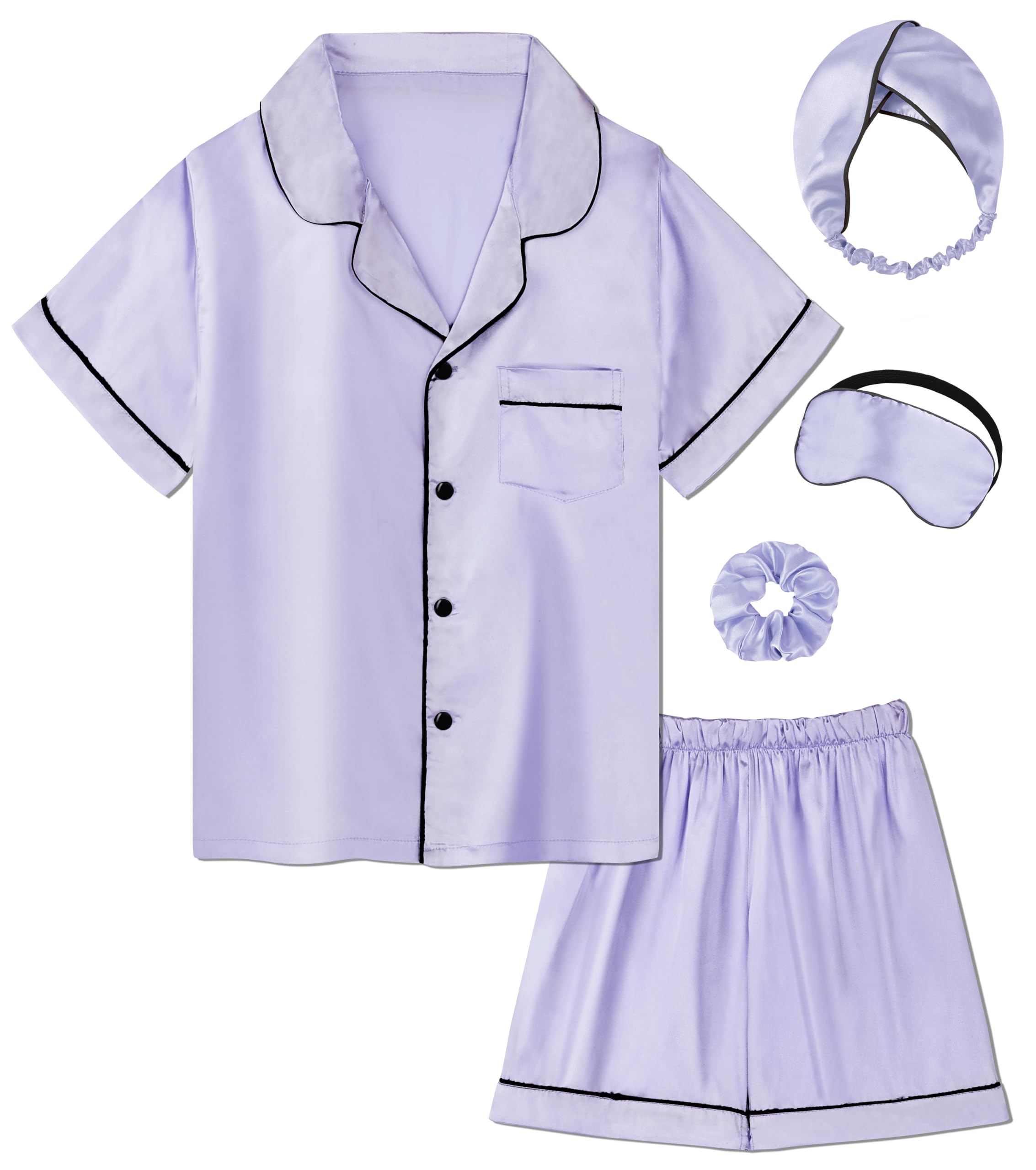 EPLAZA Kids Satin Pajamas Sets Girls Boys Button-Down Silky Pajamas Sleepwear with Hairband Eye Mask Hair Tie