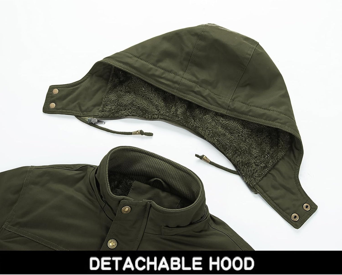INVACHI Men's Winter Military Jacket, Fleece Lined Hooded Cargo Coat