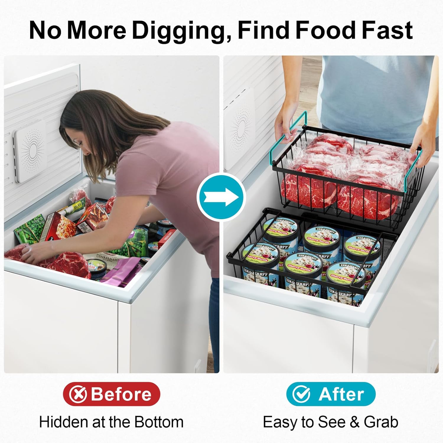 iSPECLE Freezer Organizer Bins - Storage Baskets for 5 Cu.Ft, 4 Pack | Easy Food Access, Stackable Wire Storage, Vertical Space for Frozen Food, Sorts Meat, Vegetables and Bagged Items, Home