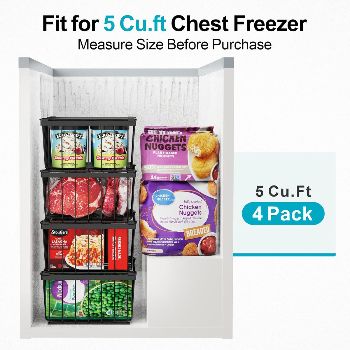 iSPECLE Freezer Organizer Bins - Storage Baskets for 5 Cu.Ft, 4 Pack | Easy Food Access, Stackable Wire Storage, Vertical Space for Frozen Food, Sorts Meat, Vegetables and Bagged Items, Home