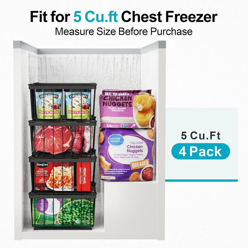 iSPECLE Freezer Organizer Bins - Storage Baskets for 5 Cu.Ft, 4 Pack | Easy Food Access, Stackable Wire Storage, Vertical Space for Frozen Food, Sorts Meat, Vegetables and Bagged Items, Home