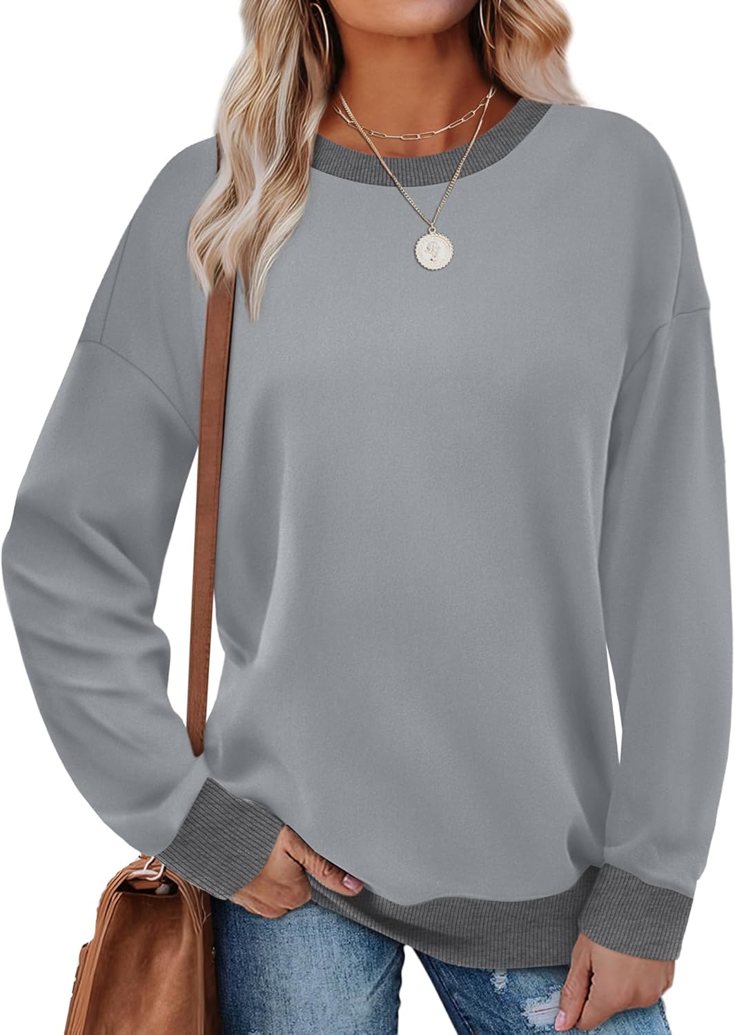 Saloogoe Sweatshirts for Women Crewneck Long Sleeve Loose Fit Tops Color Block Ribbed Trim Fashion 2025-62