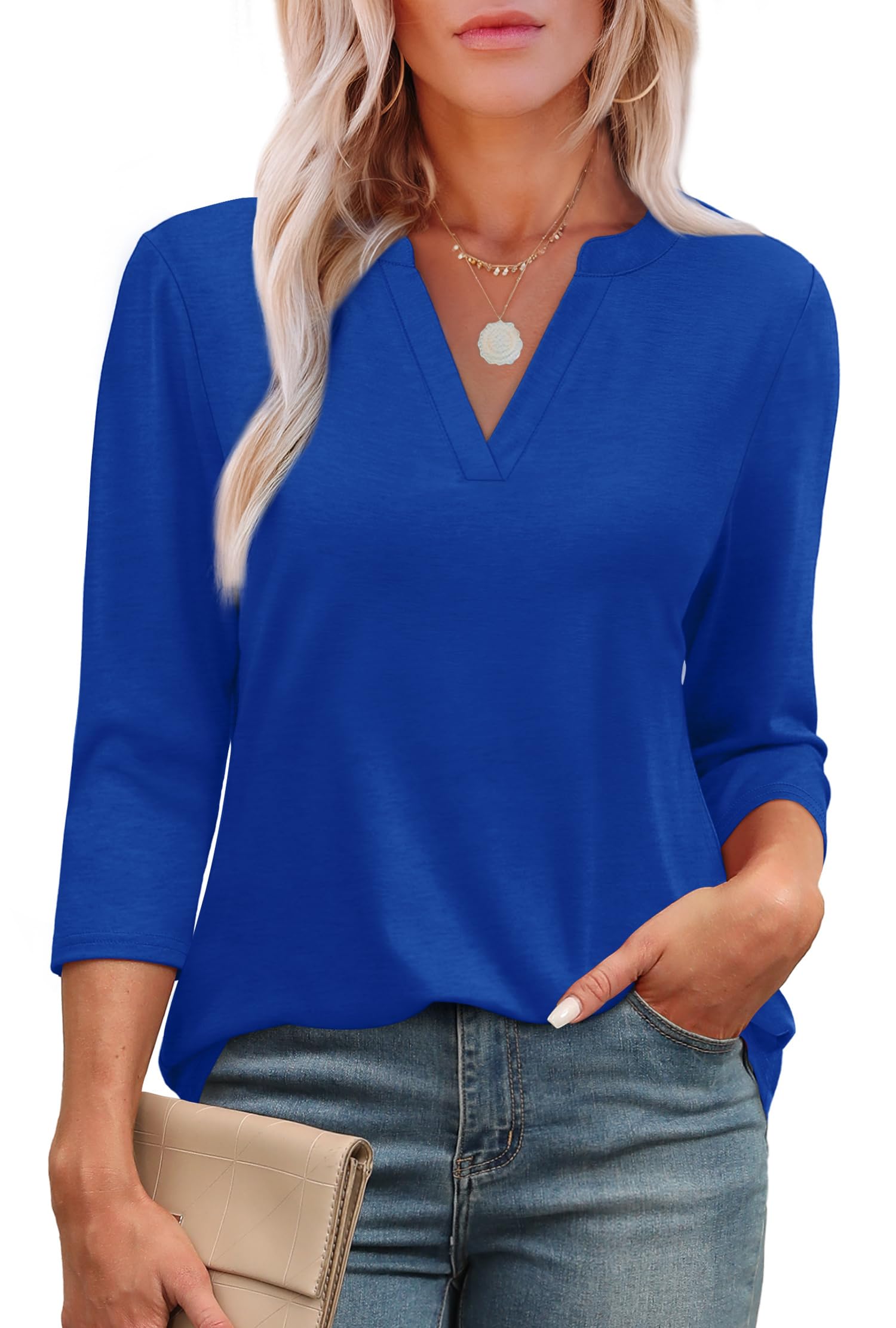 OFEEFAN 3/4 Length Sleeve Womens Tops V Neck Tunic Shirts Loose Curved Hem Blouses Dressy Casual S-3XL-95