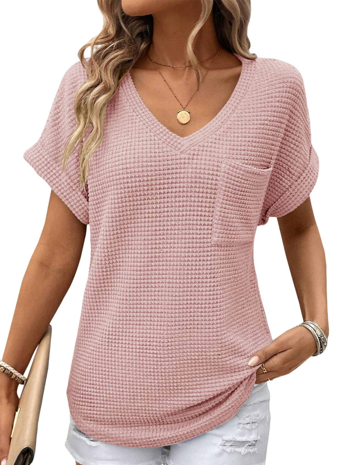Dokotoo Womens Waffle Knit Tops 2026 Spring Summer V Neck Shirts Casual Trendy Women's Blouses Basic Tee-31