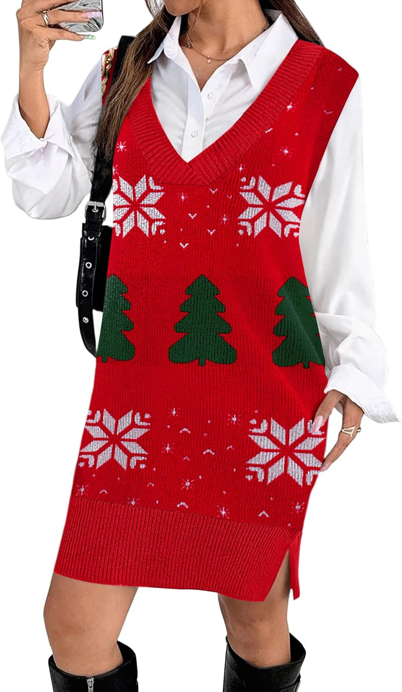 Zeagoo Women's V Neck Sweater Vest Dress Oversized Sleeveless Casual Pullover Sweater Fall Winter Knit Slit Short Dress-14