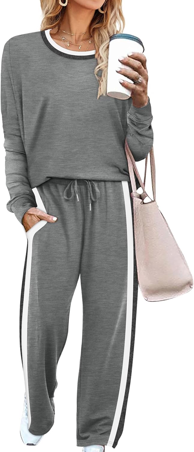 WIHOLL 2 Piece Lounge Sets for Women Long Sleeve Tops Wide Leg Sweatpants Sweatsuits with Pockets