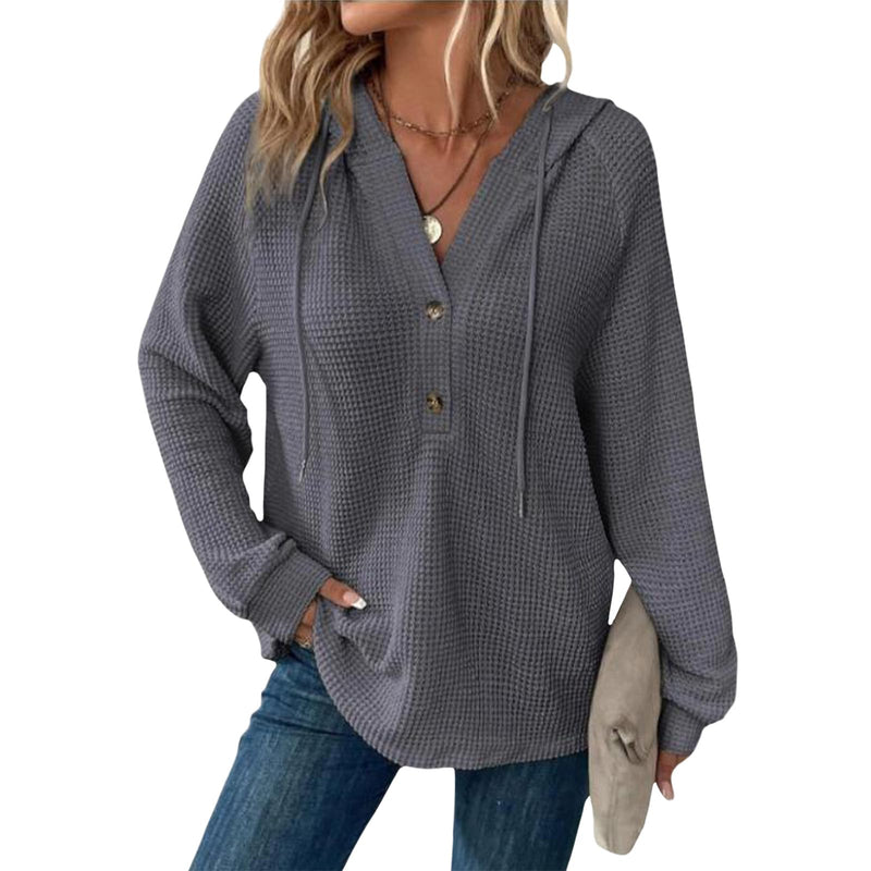 Hoodies for Women Comfortable Waffle Knit Long Sleeve Drawstring Button V Neck Casual Pullover Sweatshirt Hooded Tops-72