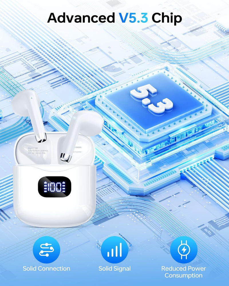 Wireless Earbuds Bluetooth 5.3 Headphones, 40Hrs Playback Stereo Ear Buds with LED Display Charging Case IPX7 Waterproof in-Ear Earphones with Mic for Phone Tablet Laptop Sports, White