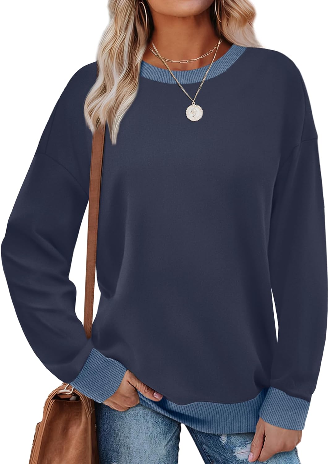 Saloogoe Sweatshirts for Women Crewneck Long Sleeve Loose Fit Tops Color Block Ribbed Trim Fashion 2025