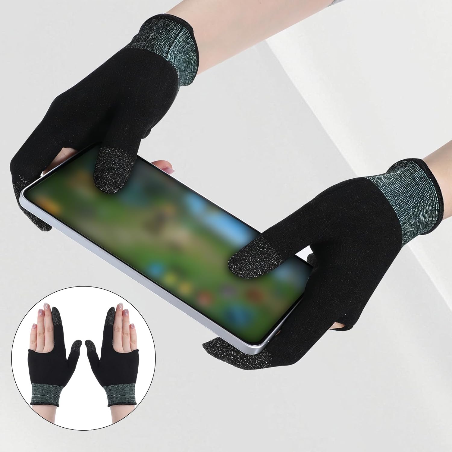 Ultra-Thin Mobile Gaming Gloves, Gaming Gloves for Sweaty Hands, Touchscreen Gaming Finger Sleeves for Phone Tablet Game Players Streamer (Black + Green)