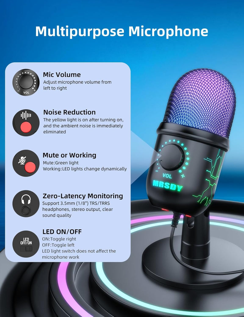 Gaming Microphone, USB Computer Microphone for PC, Mac, PS4/5, Condenser Podcast Mic for Studio Recording, YouTube, Streaming, with Headphone Jack, Led Light, Mute, Gain, Noise Cancellation
