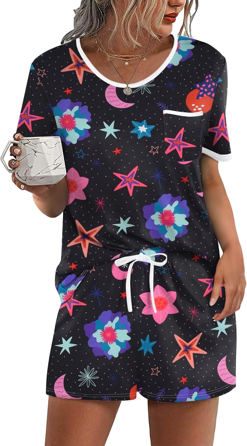 Ekouaer Pajama Set for Women 2 Piece Lounge Set Short Sleeve Tops and Shorts Soft Sleepwear, Chest Pocket-71
