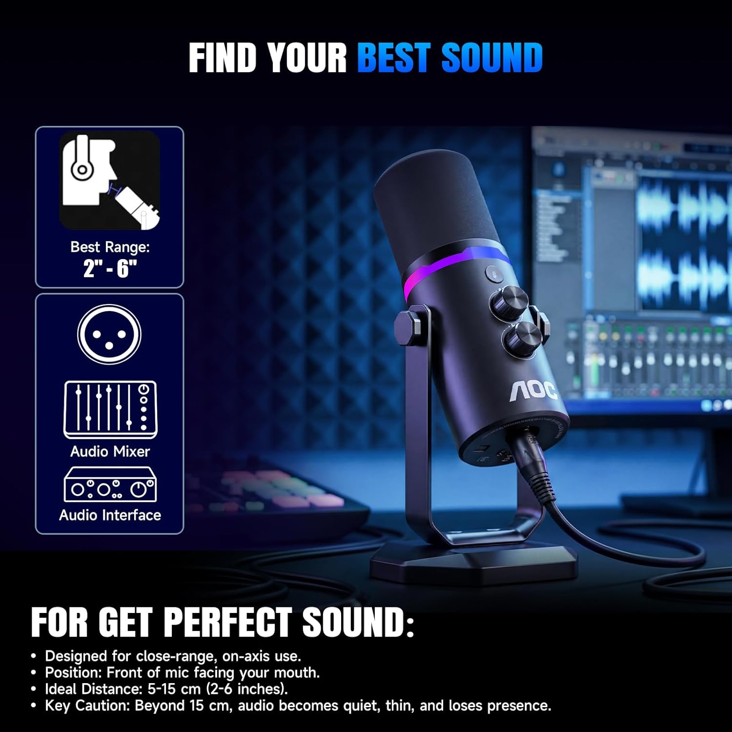 AOC USB/XLR Dynamic Microphone for Podcast Recording, PC Gaming Streaming Mic with RGB Light, Vocal Mic for Singing, Mute Button, Headphone Jack, Desktop Stand (Includes XLR Cable)