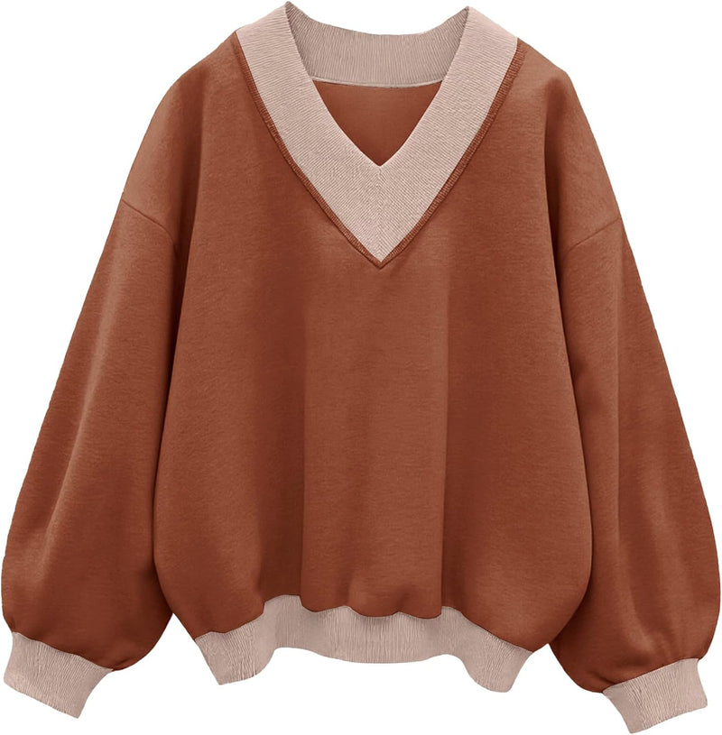 Hilinker Womens V Neck Oversized Sweatshirts Casual Drop Shoulder Long Sleeve Pullover Tops-61