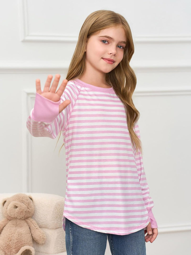 Haloumoning Girls Striped Thumb Hole Long Sleeve Shirts Kids Crewneck Tunic Tops Curved Hem Tees 5-14 Years