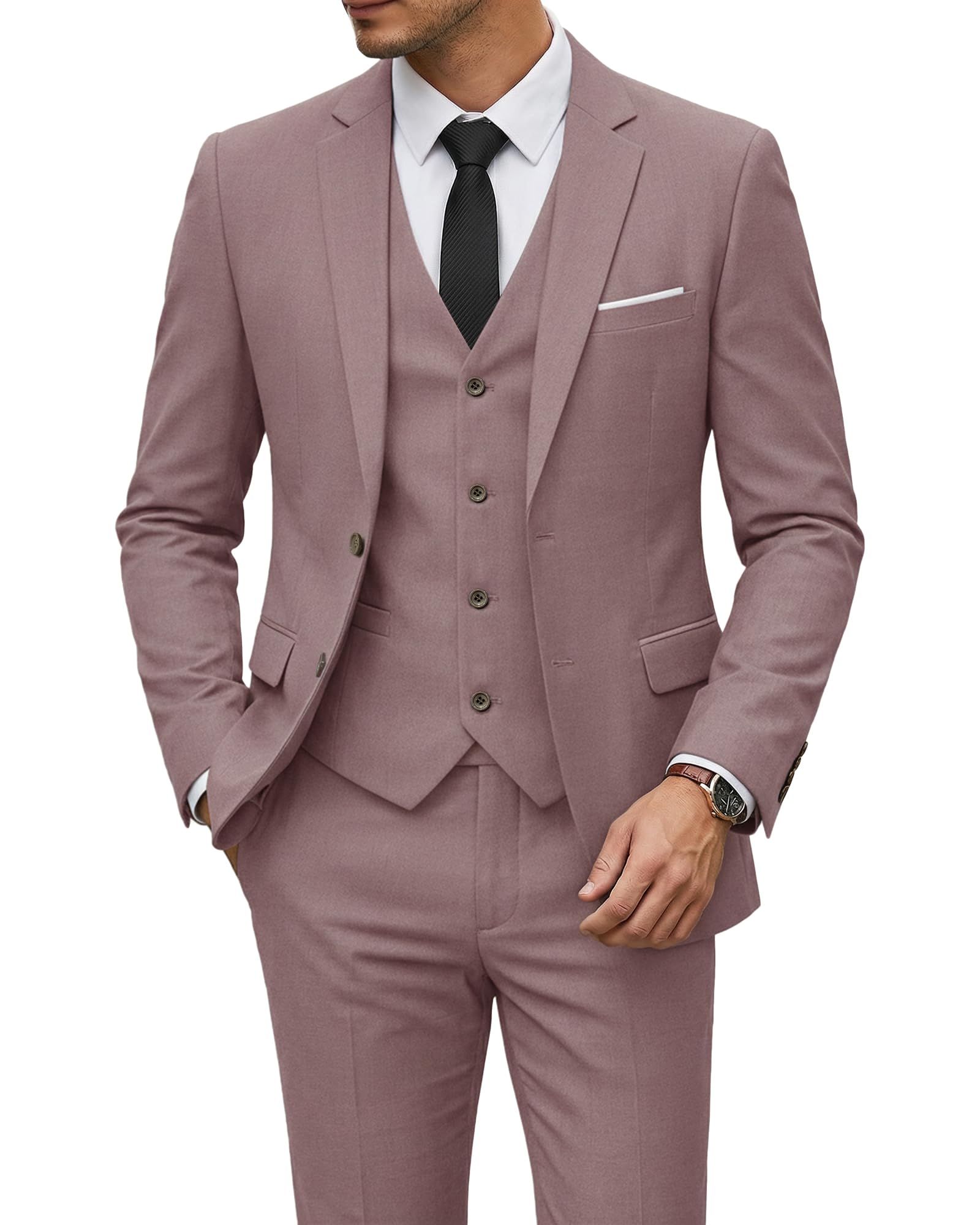 YND Men's 3 Piece Suit Set with Tie, 2 Button Slim Fit Solid Blazer Jacket Vest Pants, Business Wedding Party Suits for Men