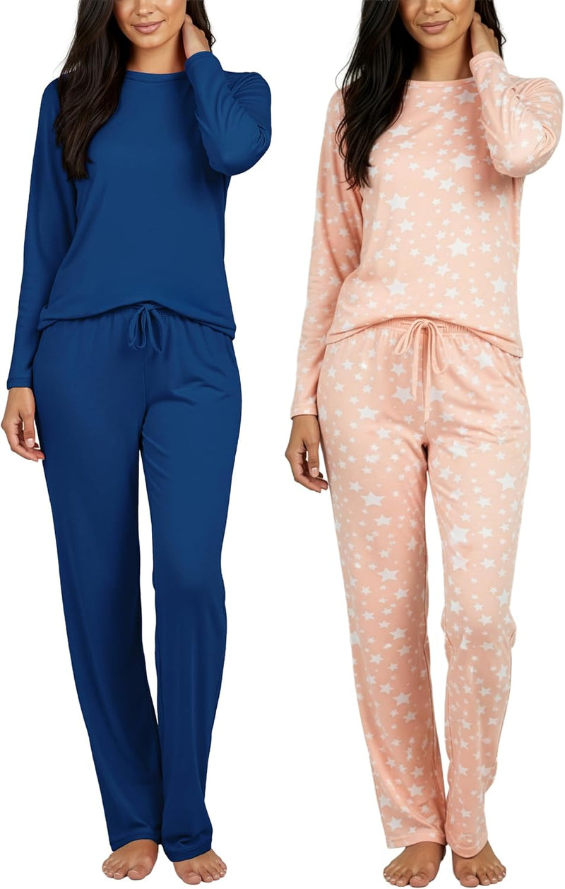Real Essentials 2 Pack: Women's Comfy Pajama Sets - Short & Long Sleeve Ladies Loungewear Sleepwear PJs (Available In Plus)-90