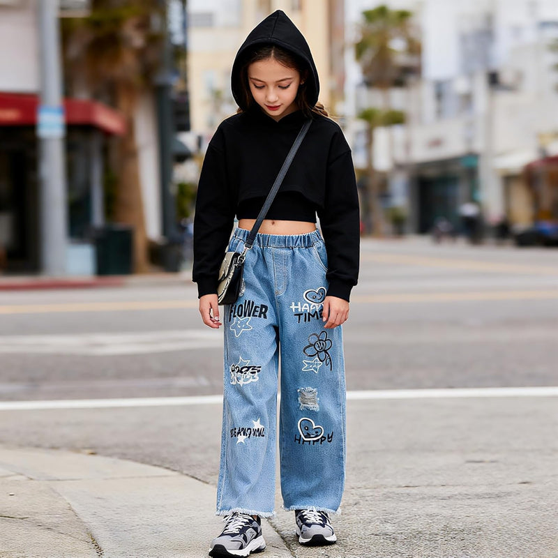 Voxikidio Size 5-10 Years Girls 3PCS Fashion Outfits Set - Cropped Hoodie + Cami Top + Printed Jeans 3-Piece Set