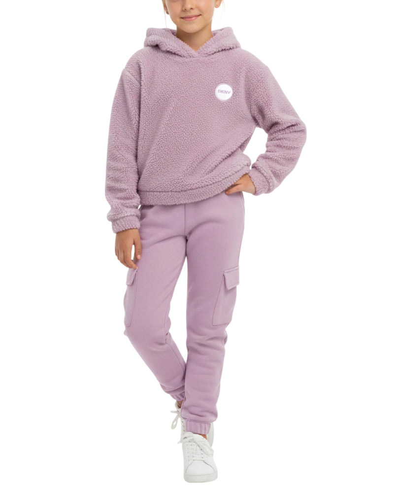 DKNY Girls Tracksuit Set - 2 Piece Cozy Soft Sherpa Fur Pullover Hoodie and Cargo Joggers Sweatpants Girls Sweatsuit Set-27