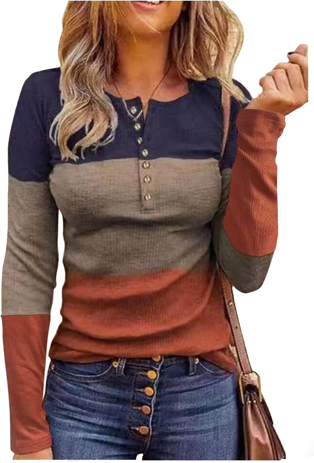 Long Sleeve Shirts for Women Henley Button Ribbed Knit Slim Fitted Tops Ladies Comfrt Trendy Undershir Clothes Tee Shirt-42
