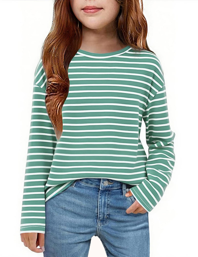 Arshiner Girls Striped Long Sleeve Shirts Drop Shoulder Casual Fashionable Crewneck Blouse Tee Tops