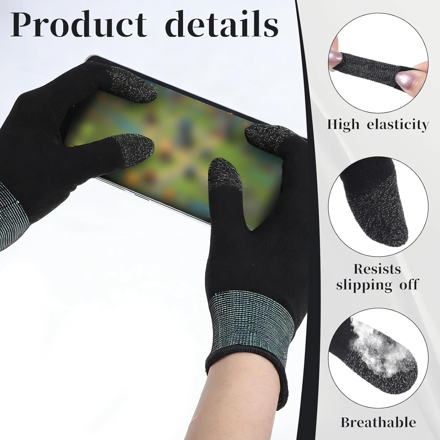 Ultra-Thin Mobile Gaming Gloves, Gaming Gloves for Sweaty Hands, Touchscreen Gaming Finger Sleeves for Phone Tablet Game Players Streamer (Black + Green)