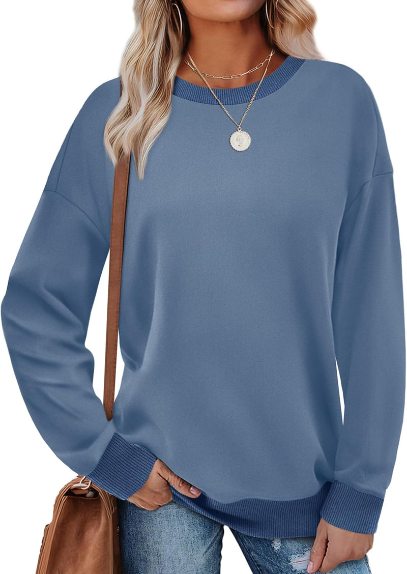 Saloogoe Sweatshirts for Women Crewneck Long Sleeve Loose Fit Tops Color Block Ribbed Trim Fashion 2025-23