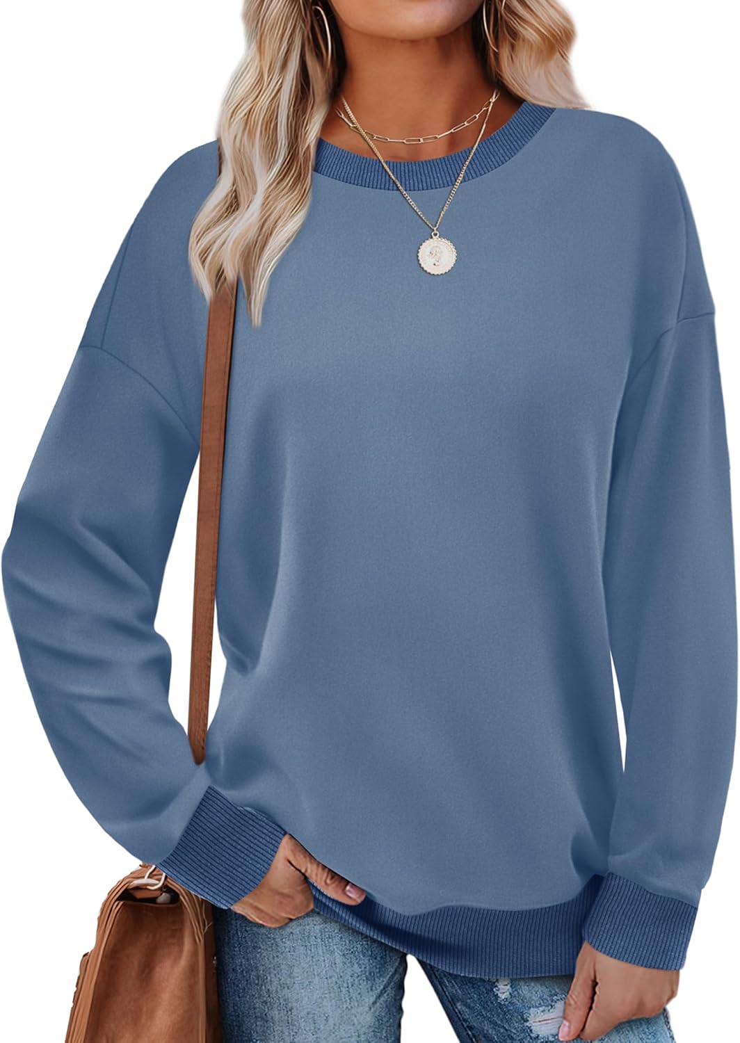 Saloogoe Sweatshirts for Women Crewneck Long Sleeve Loose Fit Tops Color Block Ribbed Trim Fashion 2025-28