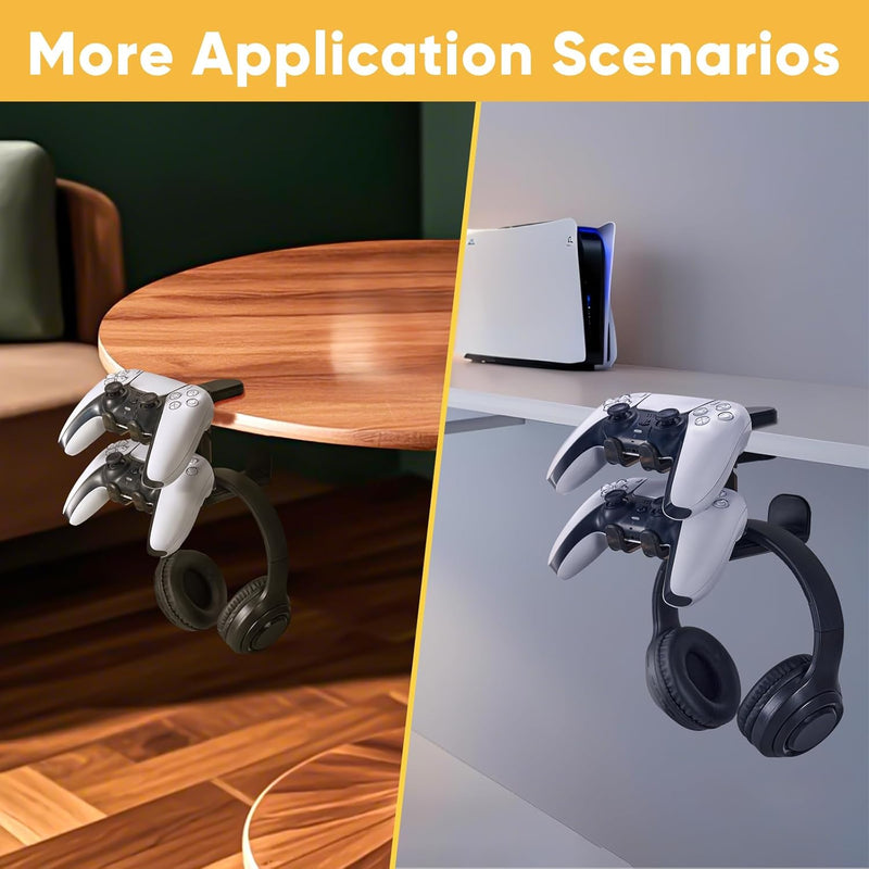 3 in 1 Under Desk Headphone Hanger with Adjustable Clamp Mount, 2 Controller Slots & 1 Headset Universal Holder Stand, Rotatable Hook Rack & Cable Organizer, for Home Gaming Xbox ps5 - Black