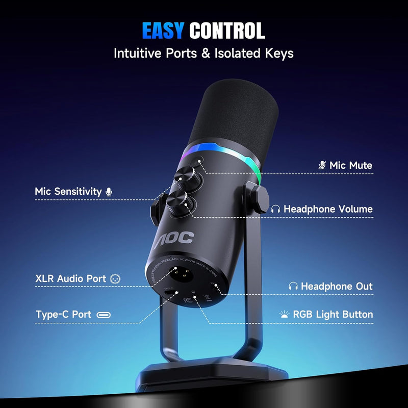 AOC USB/XLR Dynamic Microphone for Podcast Recording, PC Gaming Streaming Mic with RGB Light, Vocal Mic for Singing, Mute Button, Headphone Jack, Desktop Stand (Includes XLR Cable)