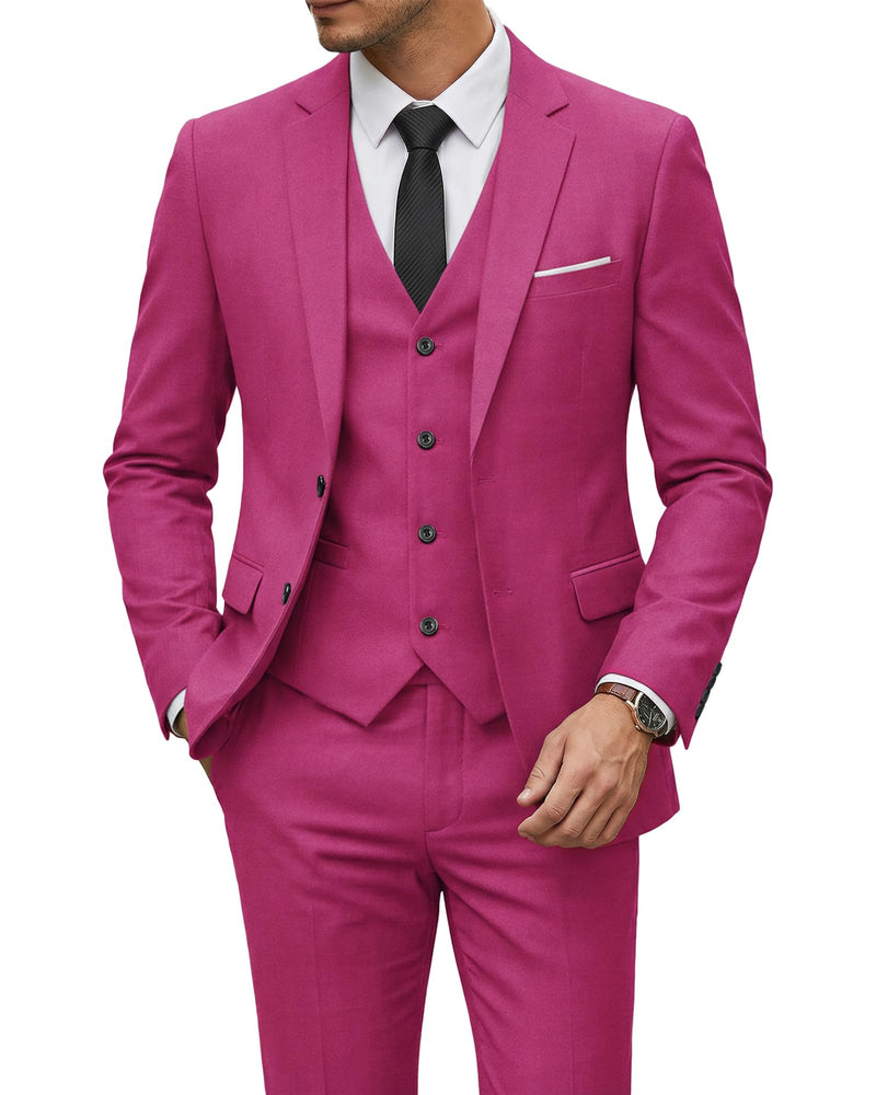 YND Men's 3 Piece Suit Set with Tie, 2 Button Slim Fit Solid Blazer Jacket Vest Pants, Business Wedding Party Suits for Men-49