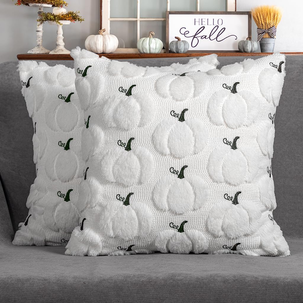 4TH Emotion Fall Pumpkins Leaves Decorative Pillow Covers 18"x18" Set of 2, Beige Soft Plush Faux Fur Throw Cushion Cases for Autumn Thanksgiving Holiday Home Decorations