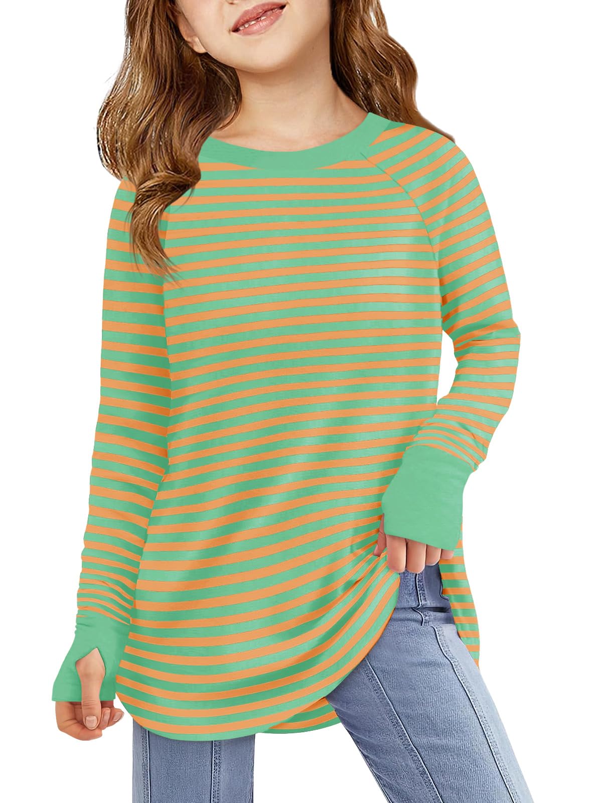 Haloumoning Girls Striped Thumb Hole Long Sleeve Shirts Kids Crewneck Tunic Tops Curved Hem Tees 5-14 Years