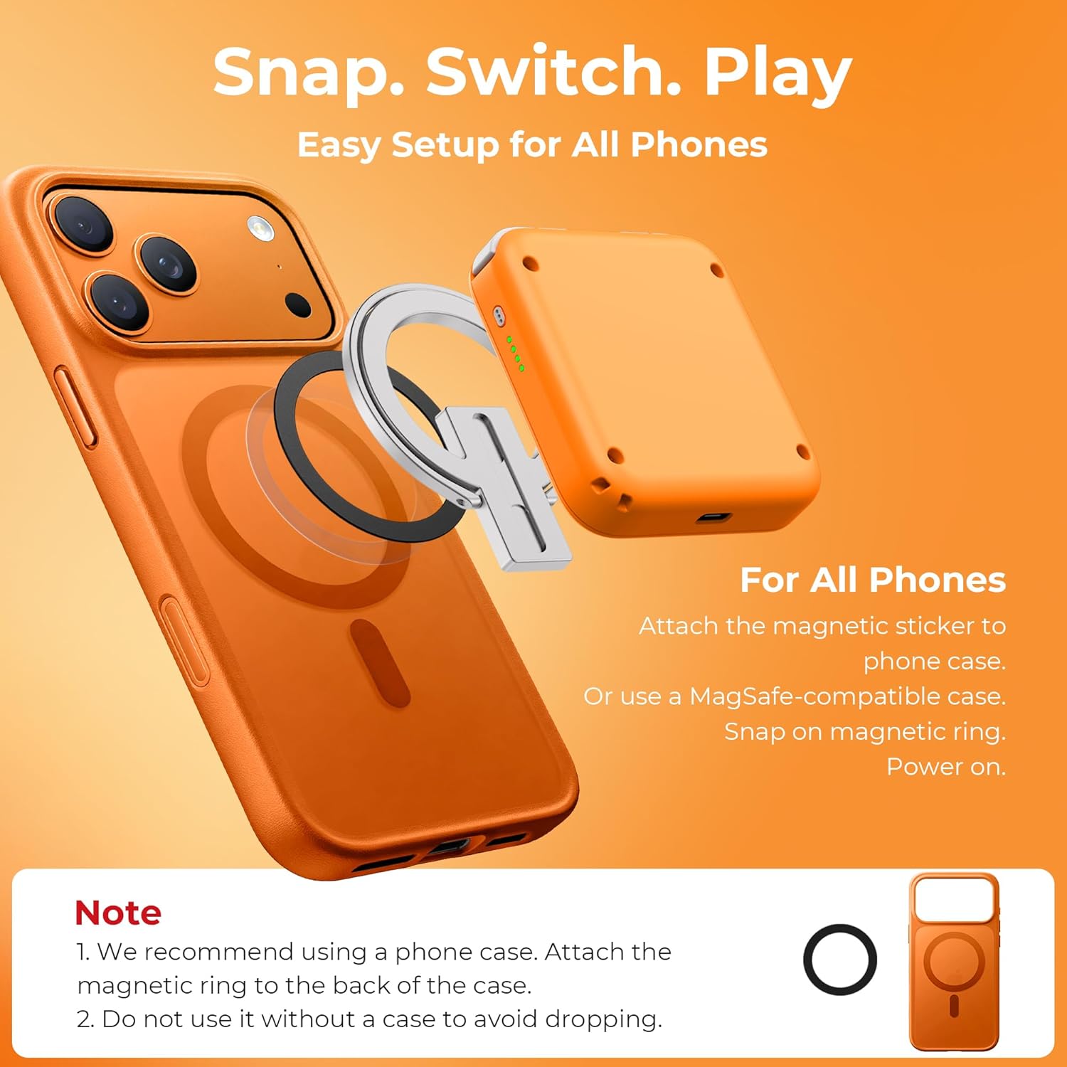 abxylute M4 Snap-On Mobile Gaming Controller for Android & iPhone, Lightweight Portable Phone Controller, Pocket-Sized Retro Emulator Gamepad Kickstand,Dual Joystick Turbo for Pro Gaming,Magnet Orange