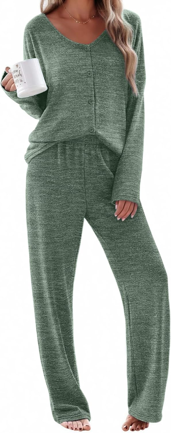 Ekouaer Womens Pajama Sets Button Up Long Sleeve Pjs Soft Lounge Set 2 Piece Sleepwear with Pockets-24