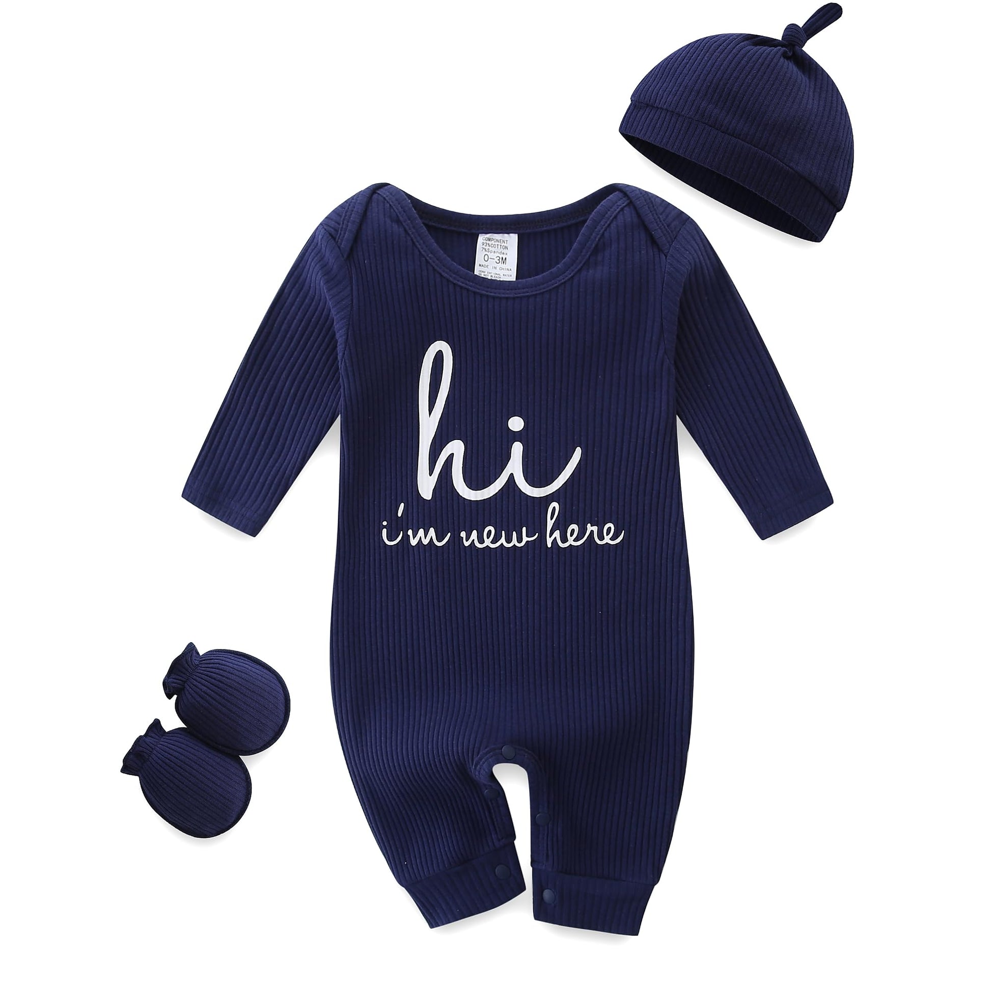 Baby Romper with Baby Mittens & Newborn Hats Footless Long Sleeve Solid Onesie Hi Im New Here-8