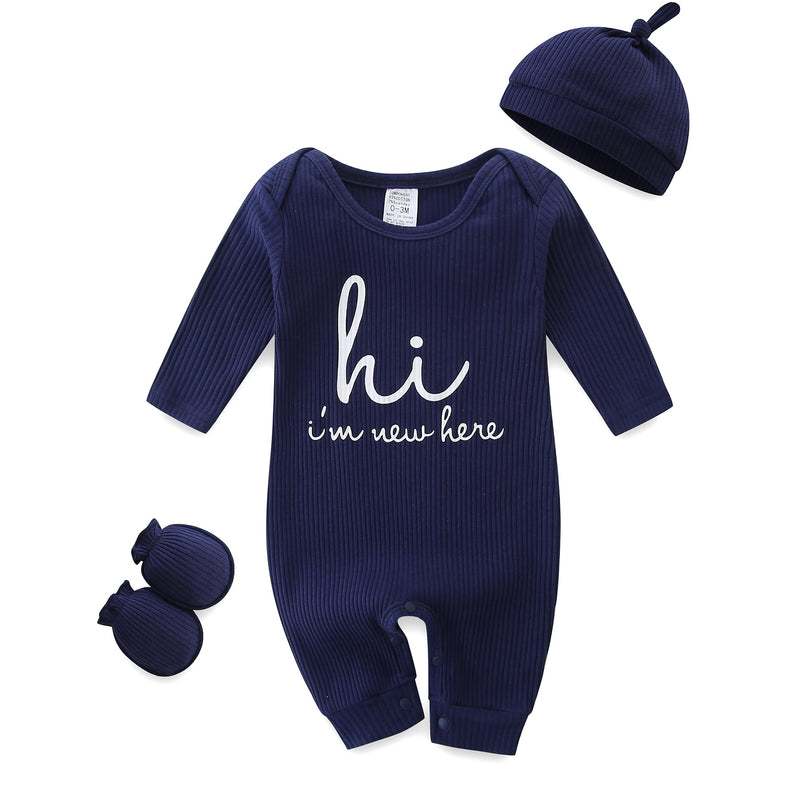Baby Romper with Baby Mittens & Newborn Hats Footless Long Sleeve Solid Onesie Hi Im New Here-8
