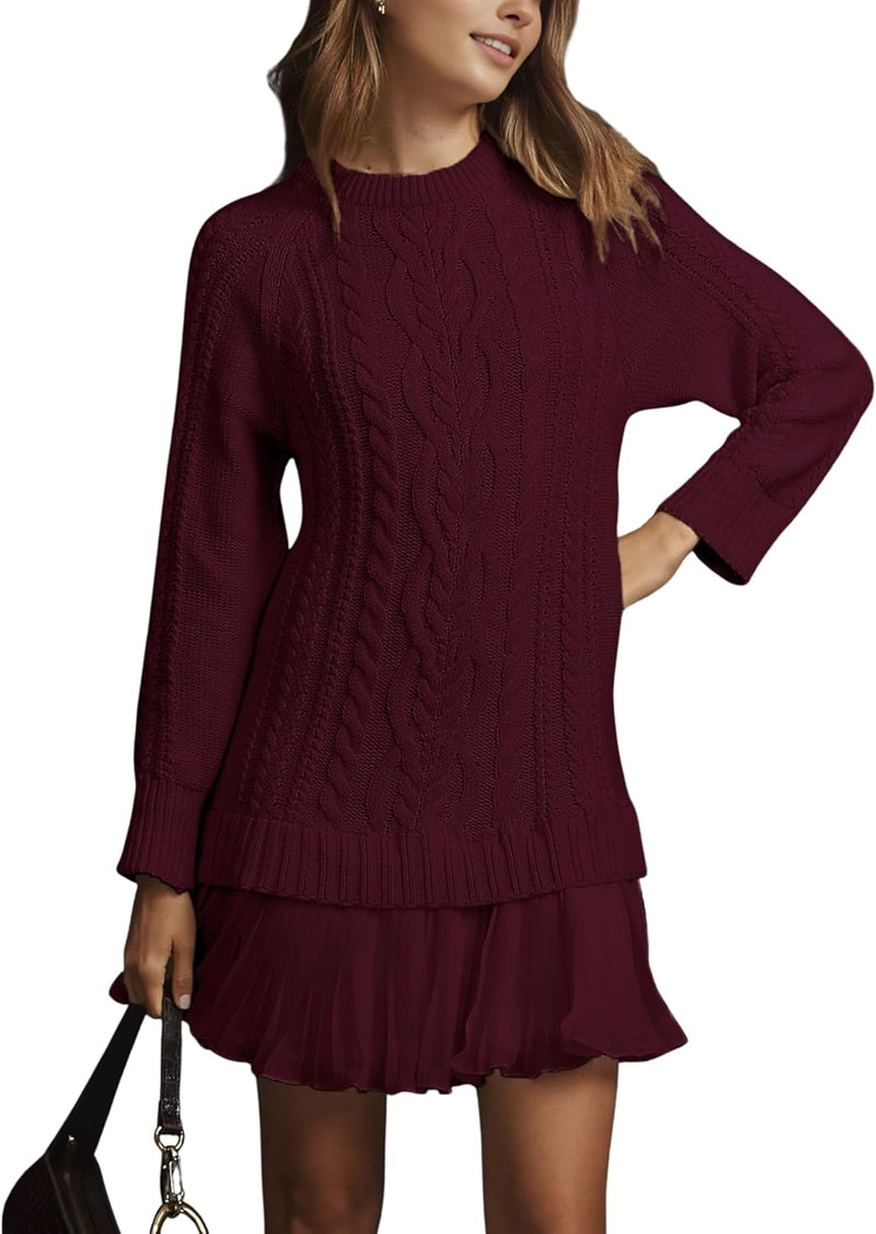 Women Cable Knit Sweater Dress Crewneck Long Sleeve Pleated Mini Dress Twofer Style Patchwork Dress-32