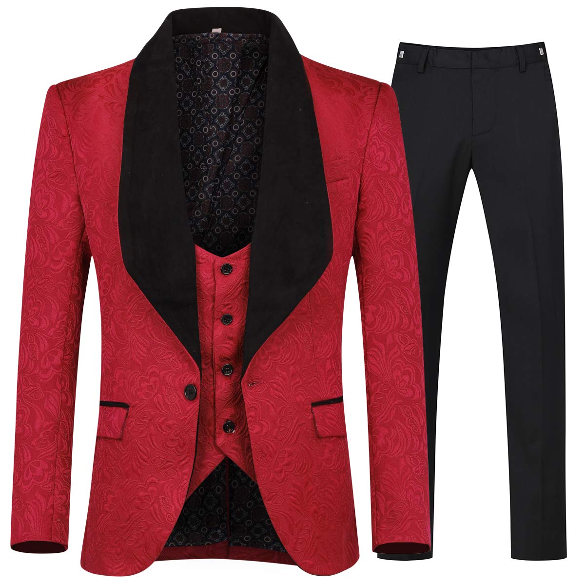 YFFUSHI Men's 3 Piece Suit Slim Fit Jacquard Tuxedo 1 Button Shawl Collar Blazer Vest & Pants for Wedding Formal Prom