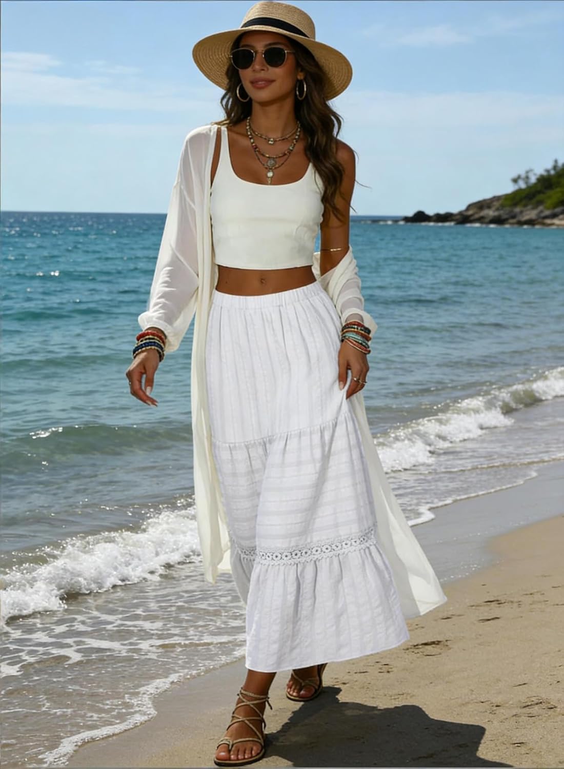 BLENCOT Long Skirts for Women Boho Crochet Lace High Waisted A-Line Cotton Tiered Maxi Skirt