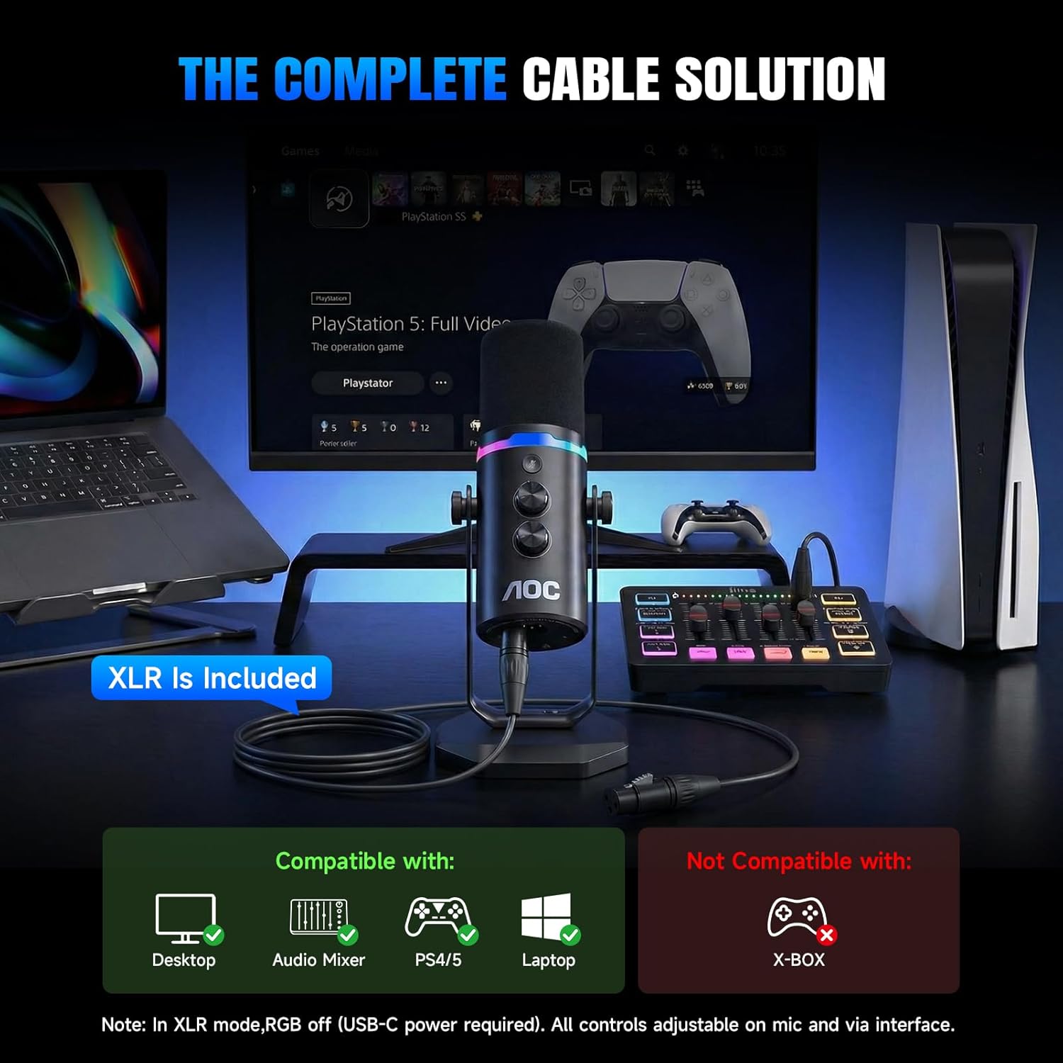 AOC USB/XLR Dynamic Microphone for Podcast Recording, PC Gaming Streaming Mic with RGB Light, Vocal Mic for Singing, Mute Button, Headphone Jack, Desktop Stand (Includes XLR Cable)