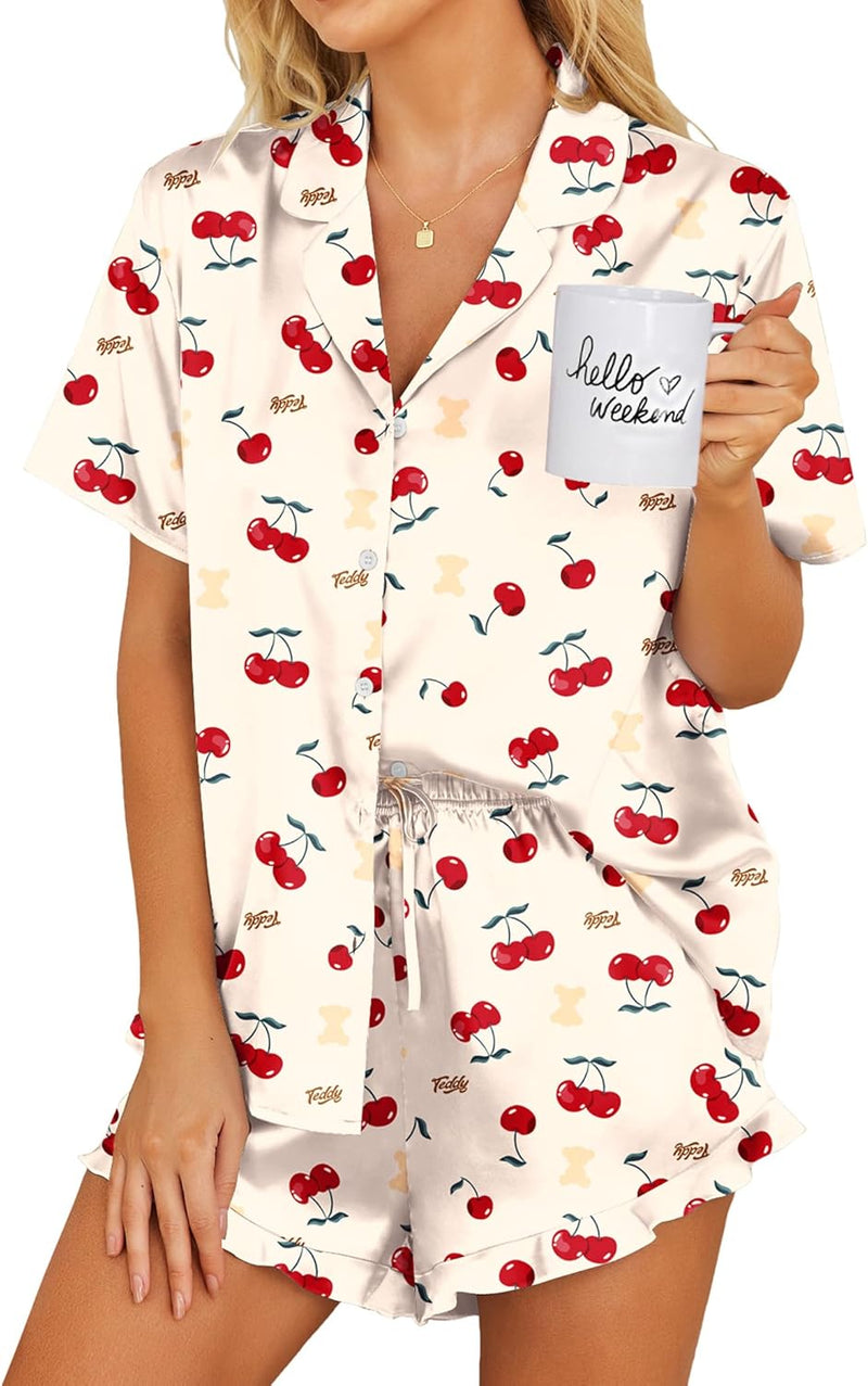 Ekouaer Womens Satin Pajamas Set Button Down 2 Piece Silk Pjs Shorts Set Ruffle Lingerie Notch Collar Sleepwear-17