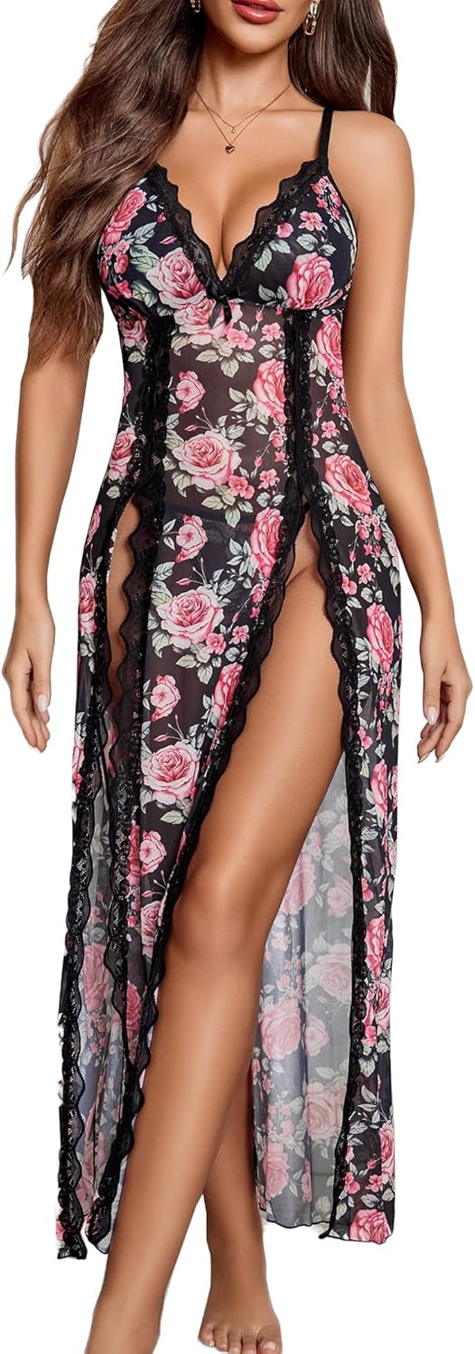 Avidlove Women Lingerie Lace Babydoll Chemise Sexy Mesh Nightdress V Neck Nightwear Side Split Nightgown-53