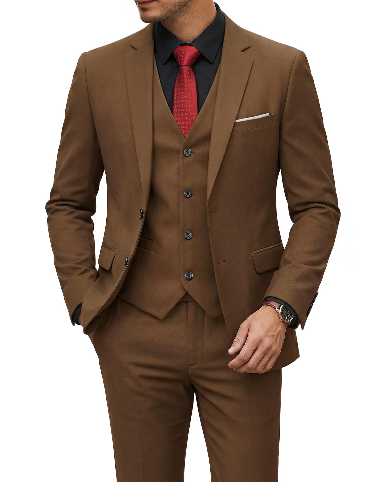 YND Men's 3 Piece Suit Set with Tie, 2 Button Slim Fit Solid Blazer Jacket Vest Pants, Business Wedding Party Suits for Men-43