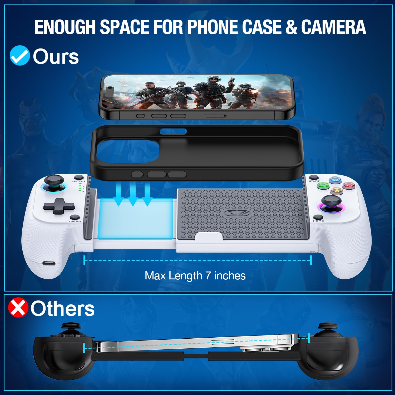 Mocagen MC1 Phone Controller for iPhone/Android Support Phone Case, Hall Effect Joysticks, Wireless Mobile Gaming Controller with 8-Color RGB Lighting, Turbo, Triggers, KeyLinker App