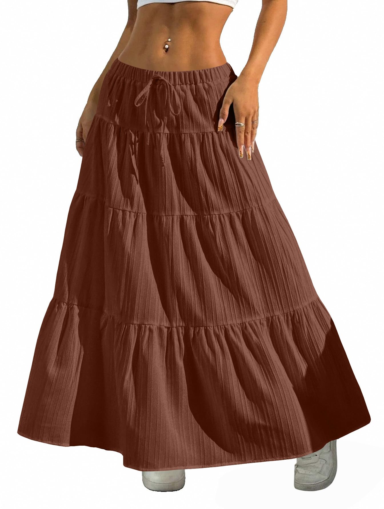Maxi Skirts for Women Ruffle Hem A Line Long Skirts Elastic Waist Elegant Tiered Layer Boho Long Dress