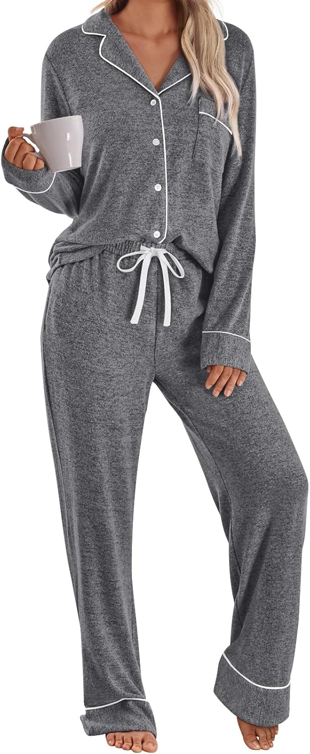 LILLUSORY Women's Long Sleeve Pajama Set - Soft Button-Down Top & Comfortable Drawstring Pants with Pockets-45