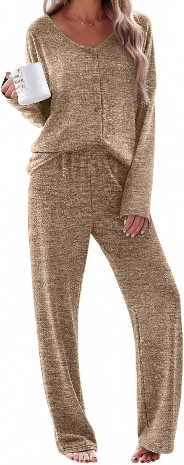 Ekouaer Womens Pajama Sets Button Up Long Sleeve Pjs Soft Lounge Set 2 Piece Sleepwear with Pockets-26