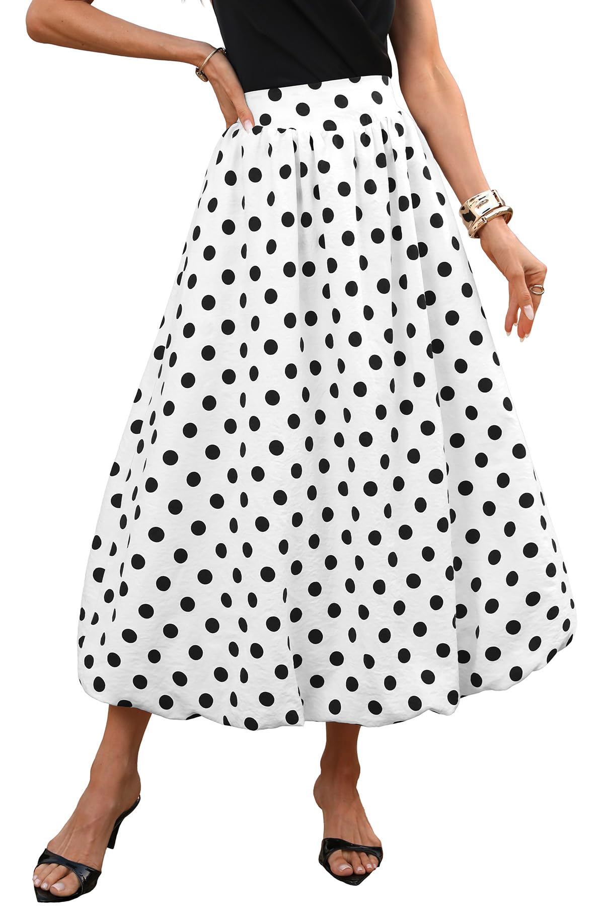 ELLEVEN Women's Bubble Maxi Skirt, Elastic Waist Puffy Hem A-Line Skirt with Pockets