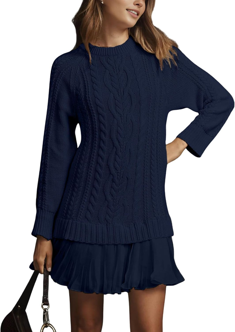 Women Cable Knit Sweater Dress Crewneck Long Sleeve Pleated Mini Dress Twofer Style Patchwork Dress-3